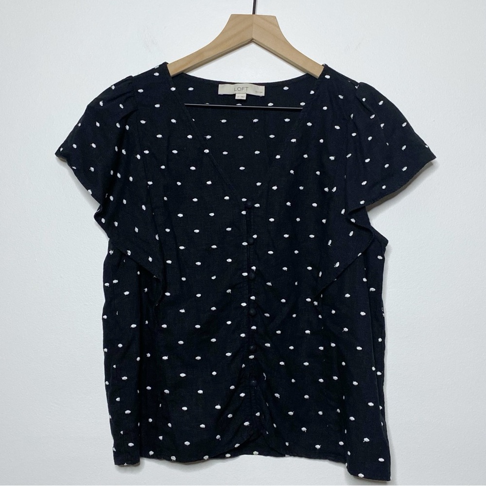 Loft Black Polka Dot Button Front Linen Short Sleeve Blouse Top - Petite Large